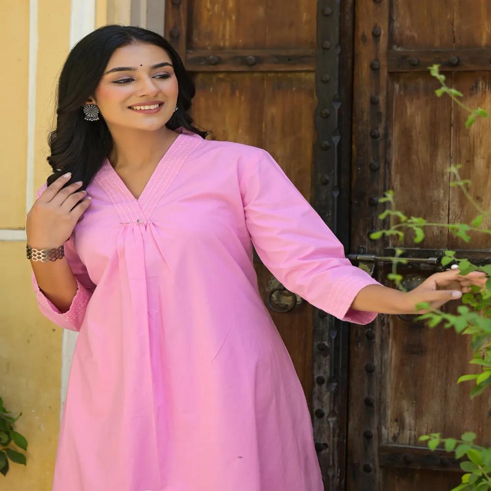 A Line Style Cotton Fabric Pink Color Kurta And Bottom