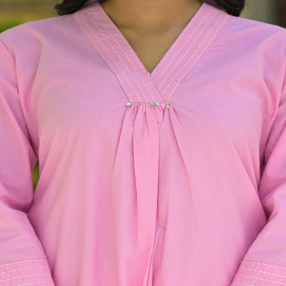A Line Style Cotton Fabric Pink Color Kurta And Bottom