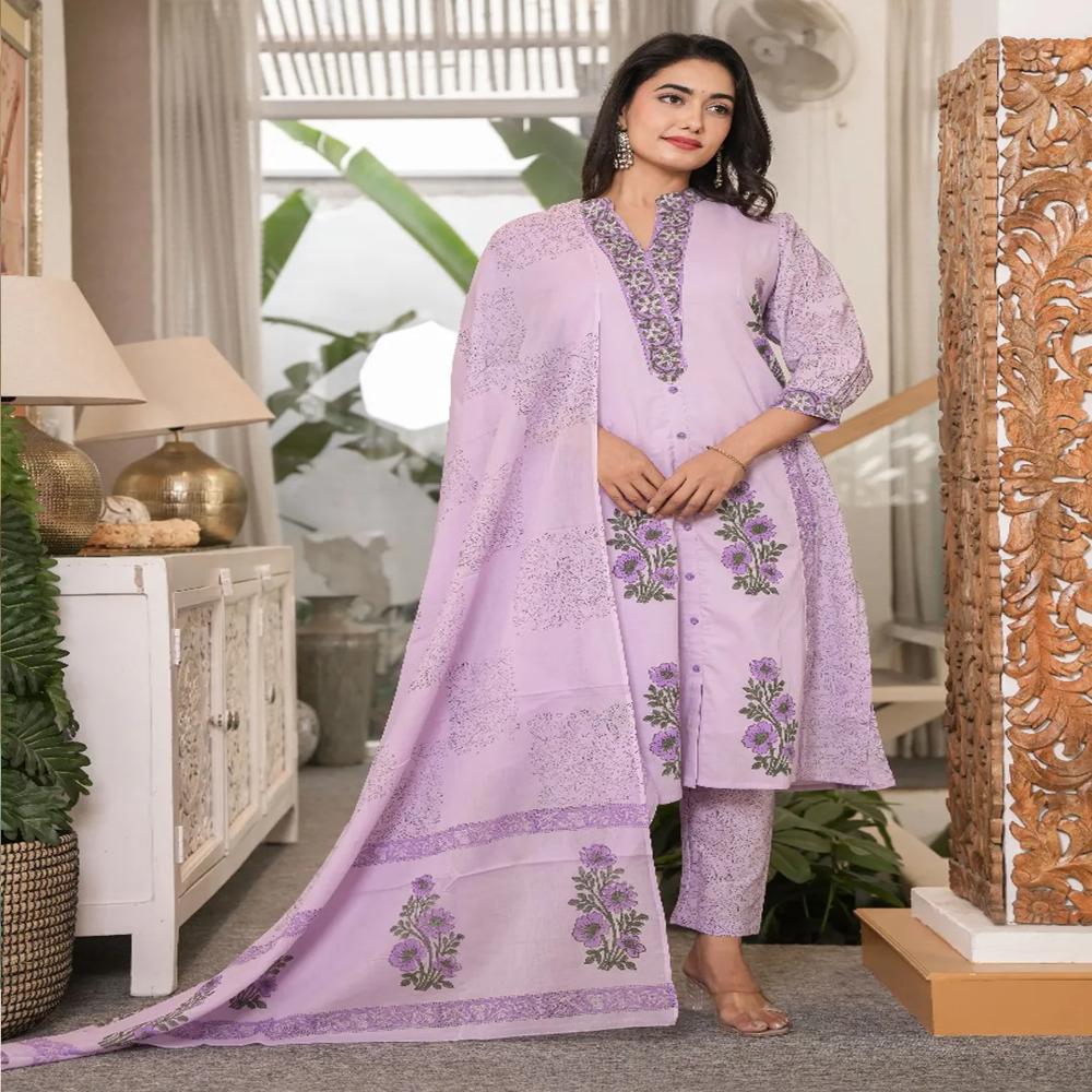 Straight Style Cotton Fabric Lavender Color Kurta And Bottom With Dupatta