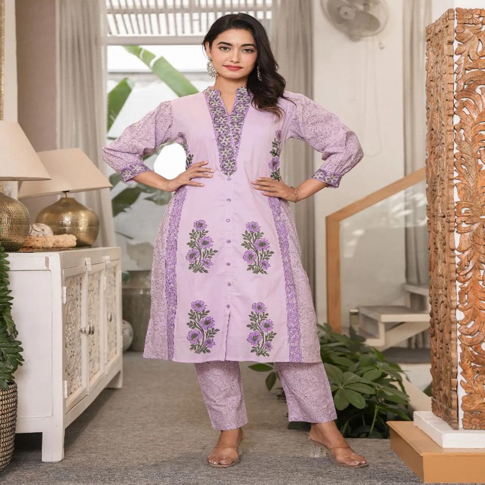 Straight Style Cotton Fabric Lavender Color Kurta And Bottom With Dupatta