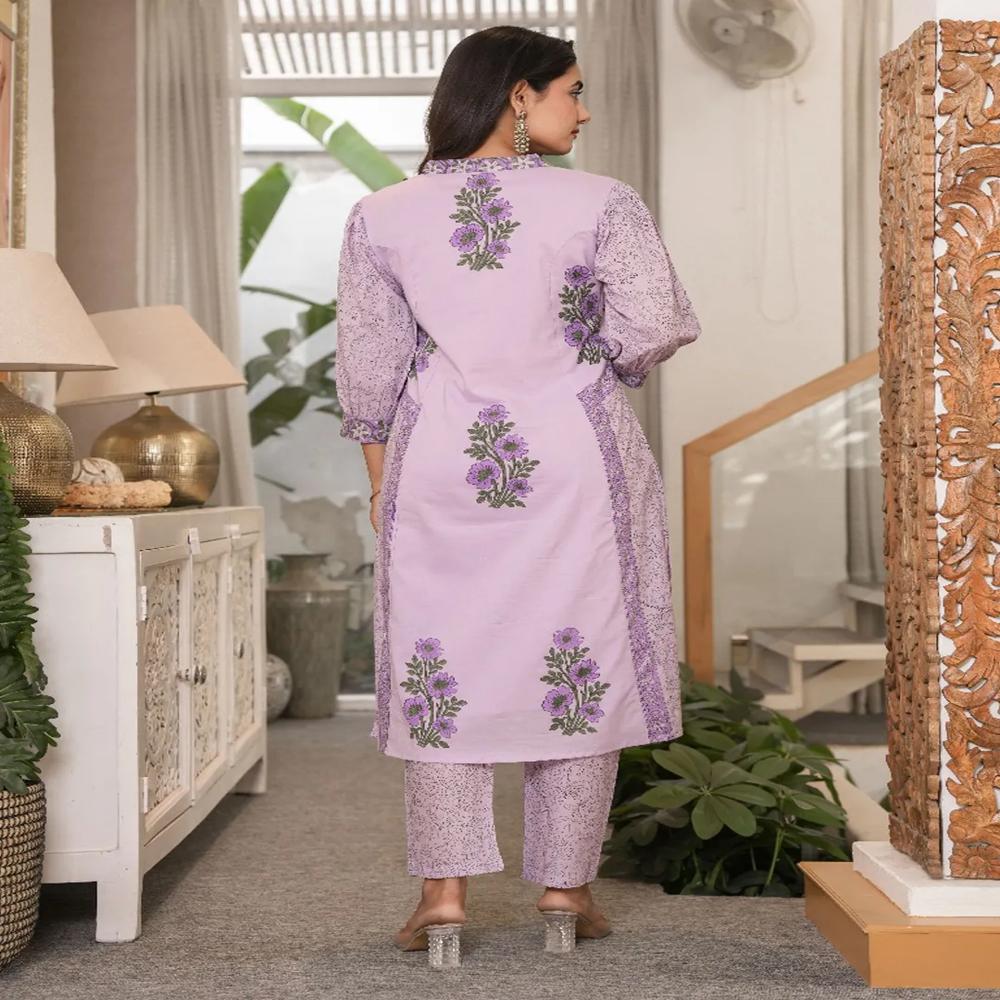 Straight Style Cotton Fabric Lavender Color Kurta And Bottom With Dupatta