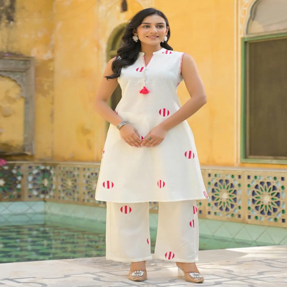 A Line Style Cotton Flex Fabric Off White Color Kurta And Bottom