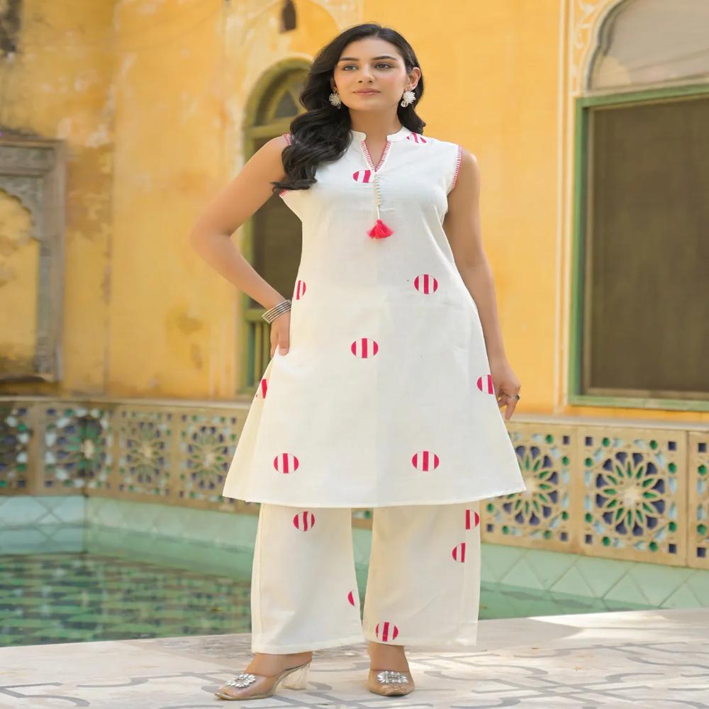 A Line Style Cotton Flex Fabric Off White Color Kurta And Bottom