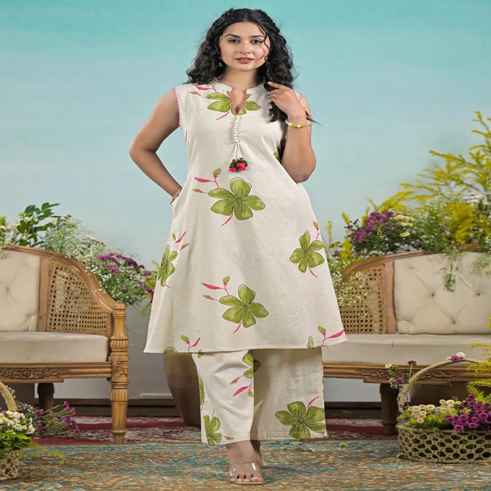 A Line Style Cotton Flex Fabric Off White Color Kurta And Bottom