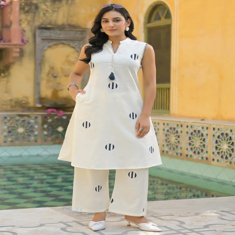 A Line Style Cotton Flex Fabric Off White Color Kurta And Bottom