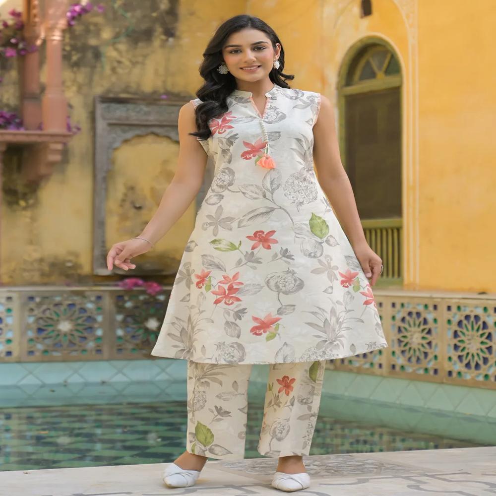 A Line Style Cotton Flex Fabric Off White Color Kurta And Bottom