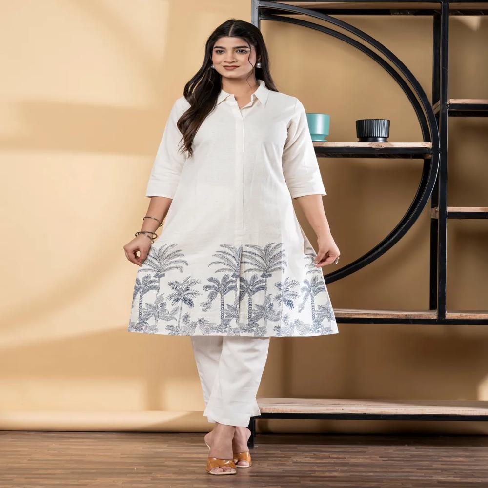 A Line Style Cotton Flex Fabric Off White Color Kurta With Bottom
