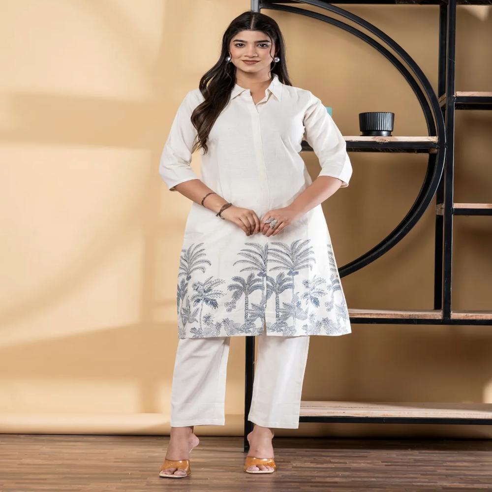 A Line Style Cotton Flex Fabric Off White Color Kurta With Bottom