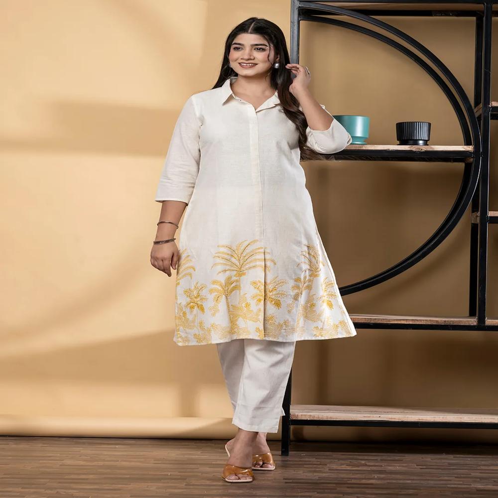 A Line Style Cotton Flex Fabric Off White Color Kurta With Bottom