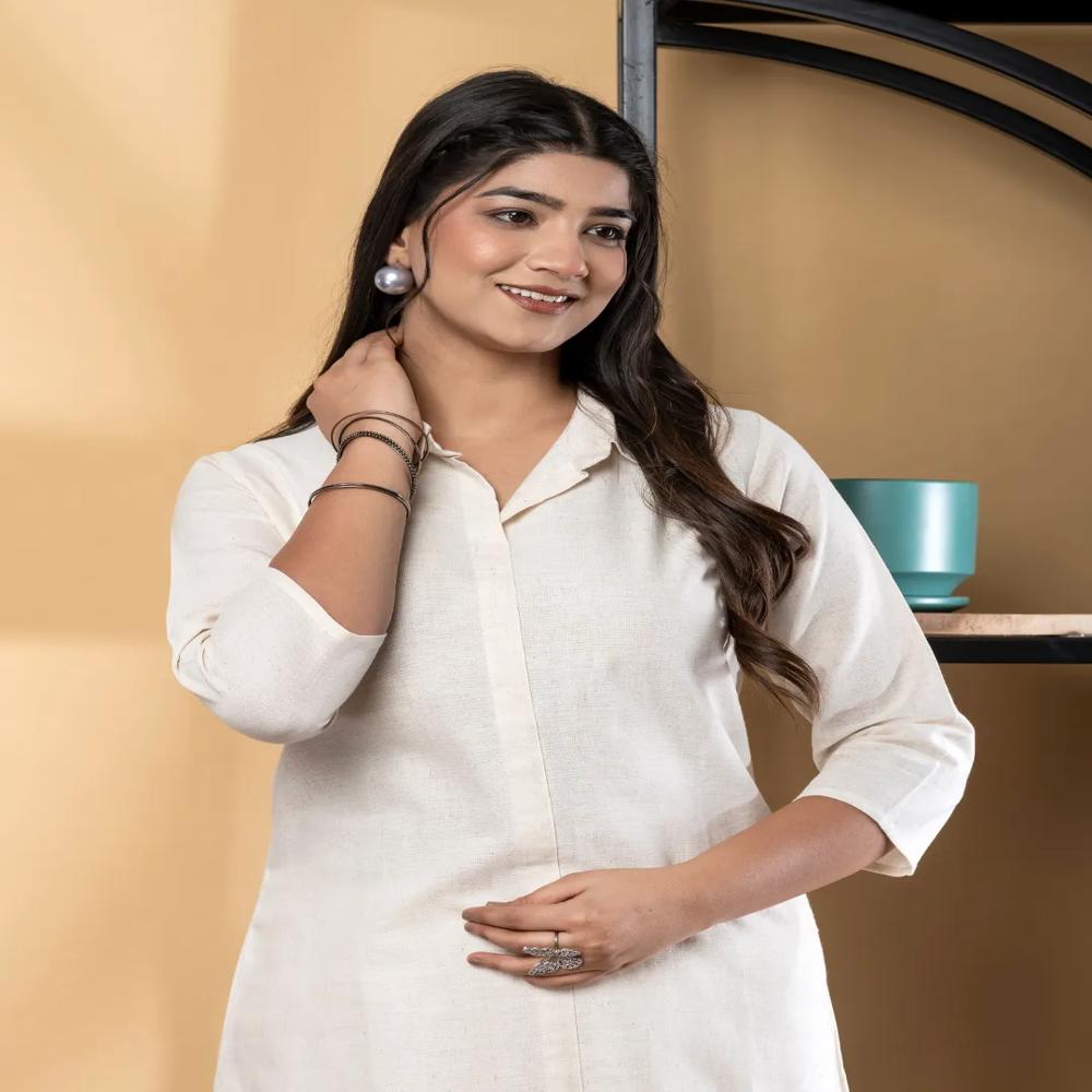 A Line Style Cotton Flex Fabric Off White Color Kurta With Bottom