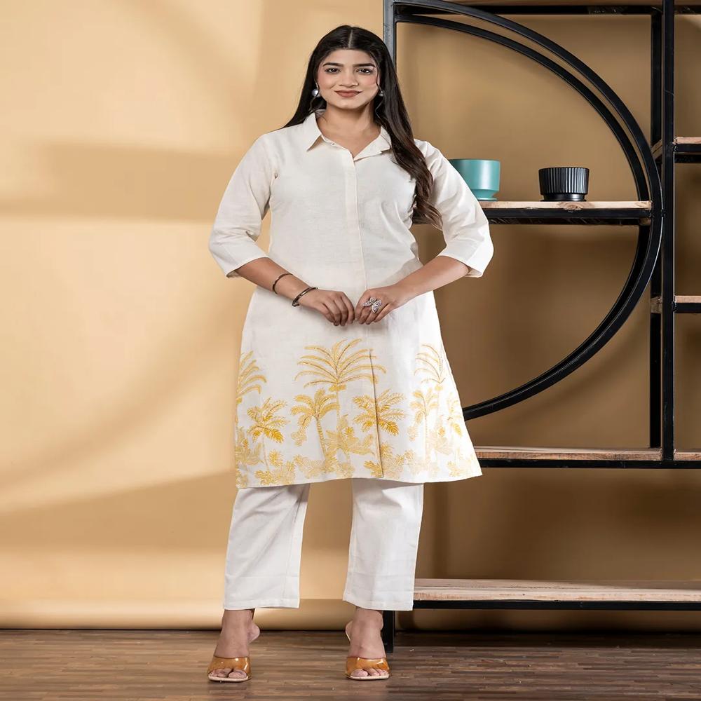 A Line Style Cotton Flex Fabric Off White Color Kurta With Bottom