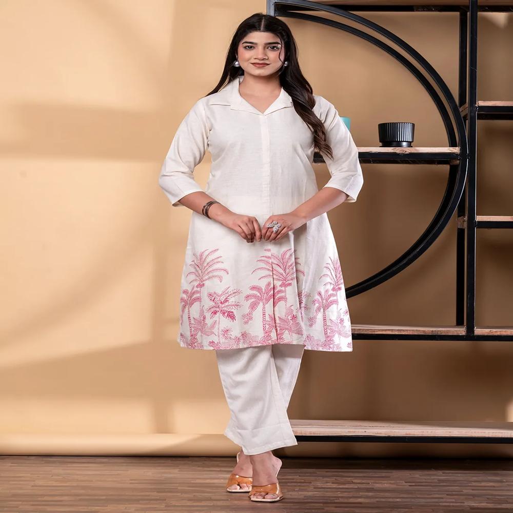 A Line Style Cotton Flex Fabric Off White Color Kurta With Bottom