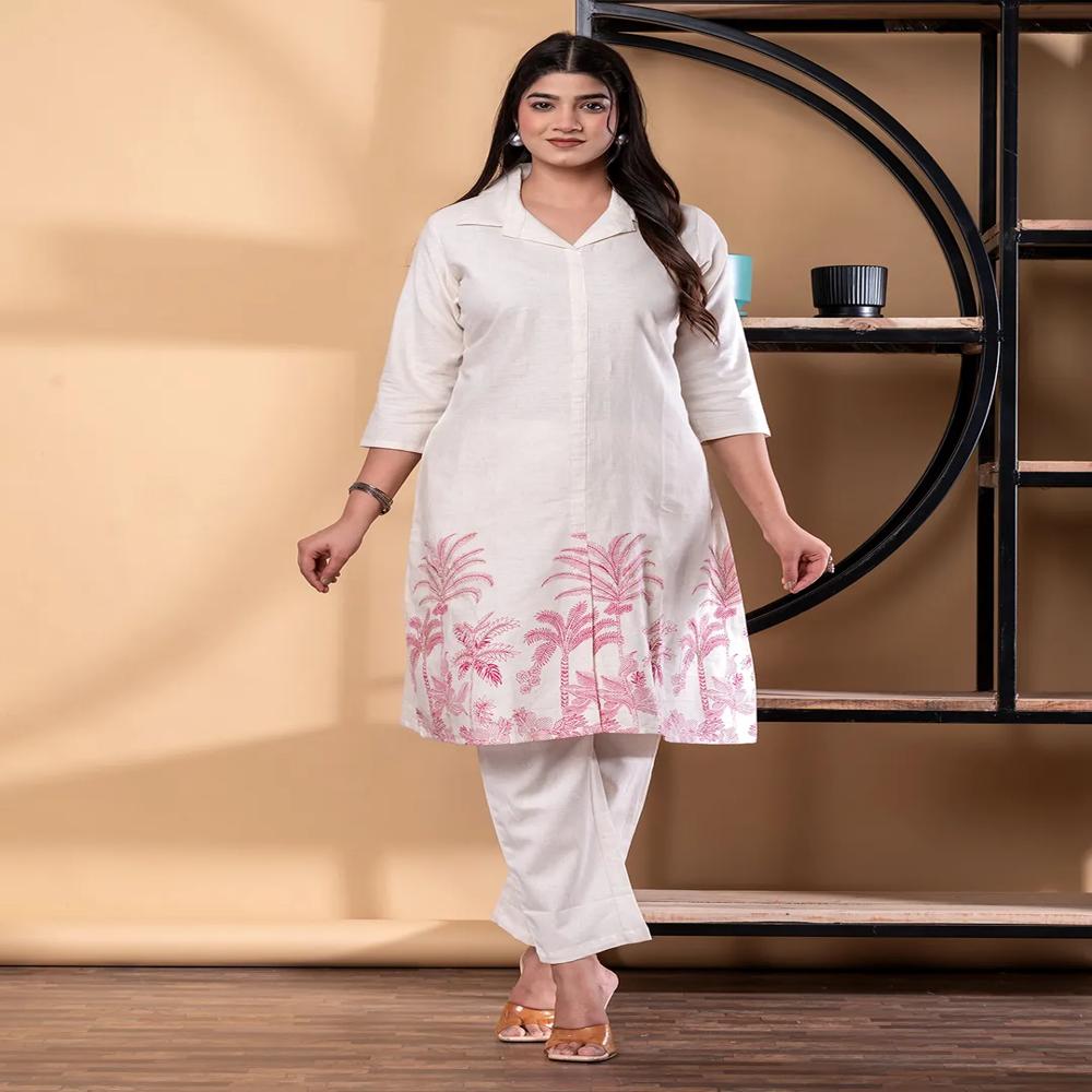 A Line Style Cotton Flex Fabric Off White Color Kurta With Bottom