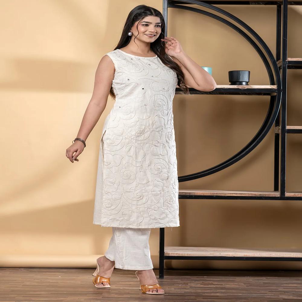 Straight Style Cotton Flex Fabric Off White Color Kurta And Bottom