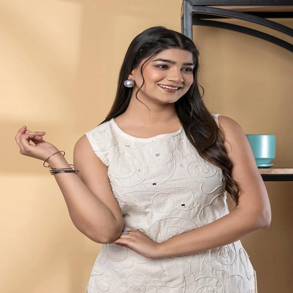 Straight Style Cotton Flex Fabric Off White Color Kurta And Bottom