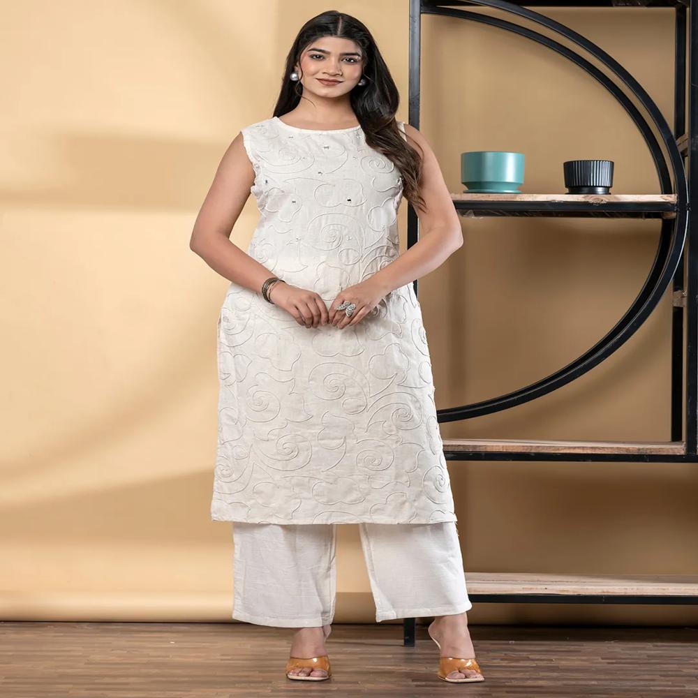 Straight Style Cotton Flex Fabric Off White Color Kurta And Bottom