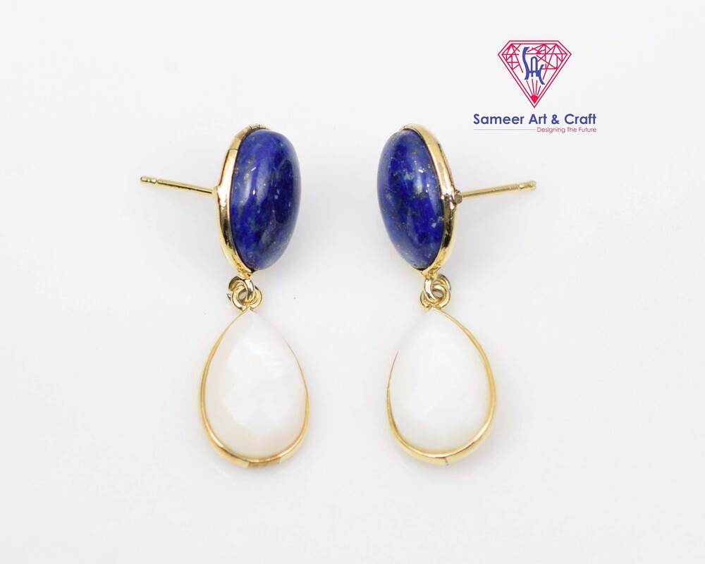 Natural Lapis Lazuli & Pearl Gemstone Gold Plated Stud Earring - Color: Multicolor