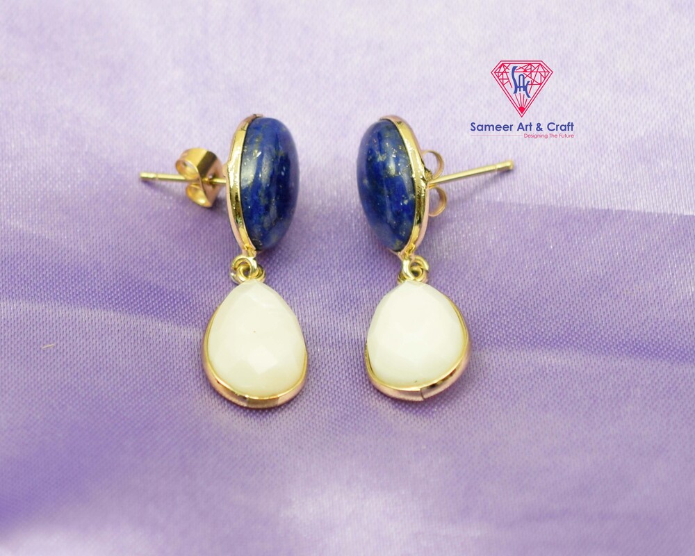 Natural Lapis Lazuli & Pearl Gemstone Gold Plated Stud Earring