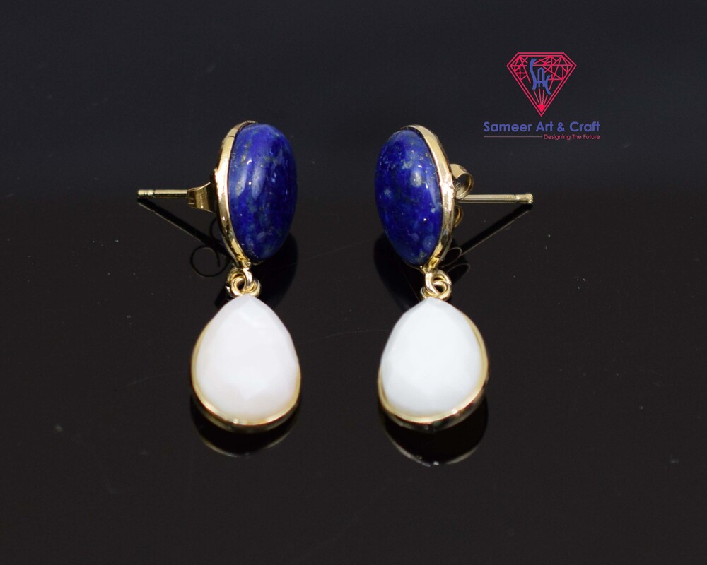 Natural Lapis Lazuli & Pearl Gemstone Gold Plated Stud Earring