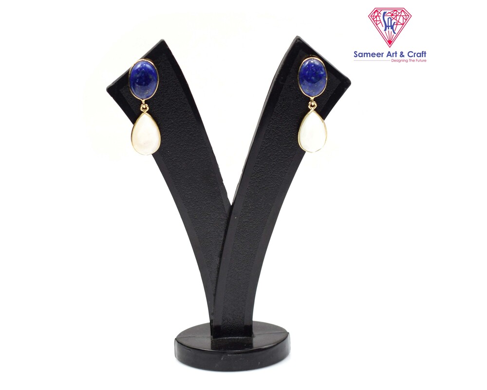 Natural Lapis Lazuli & Pearl Gemstone Gold Plated Stud Earring