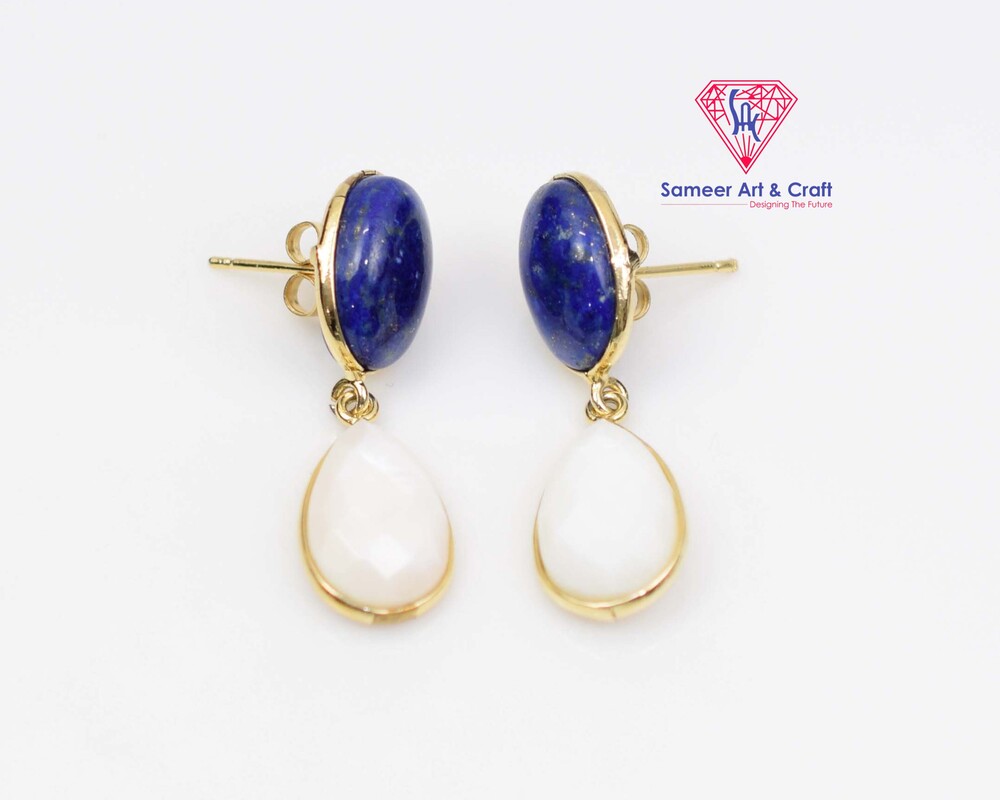 Natural Lapis Lazuli & Pearl Gemstone Gold Plated Stud Earring