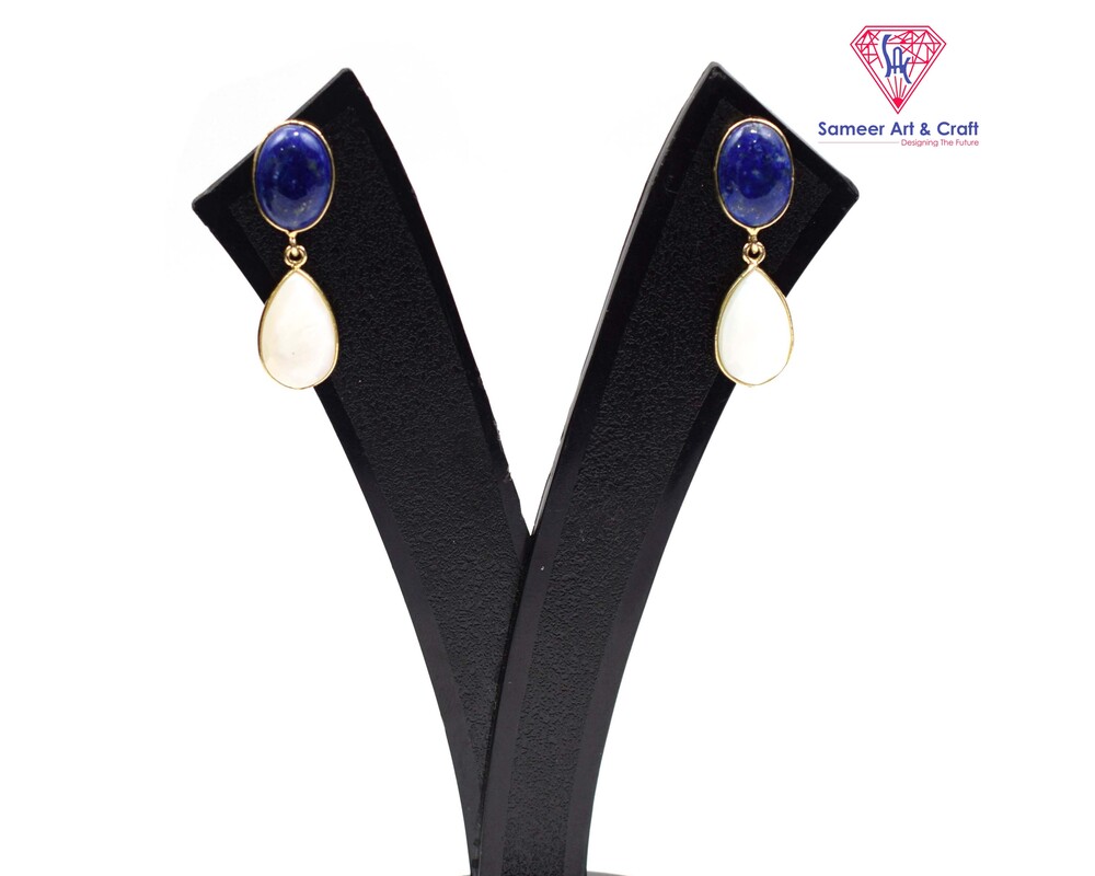 Natural Lapis Lazuli & Pearl Gemstone Gold Plated Stud Earring