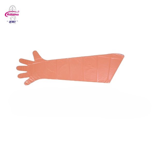 Full Size AI Veterinary Hand Gloves Disposables LDPE 35 Inch I Orange I Pack Of 100 Pcs