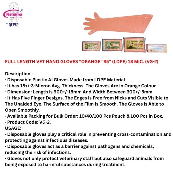 Full Size AI Veterinary Hand Gloves Disposables LDPE 35 Inch I Orange I Pack Of 100 Pcs