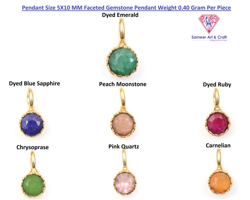 Natural Gemstone Gold Plated Round Shape Tiny Pendant - Color: Multicolor