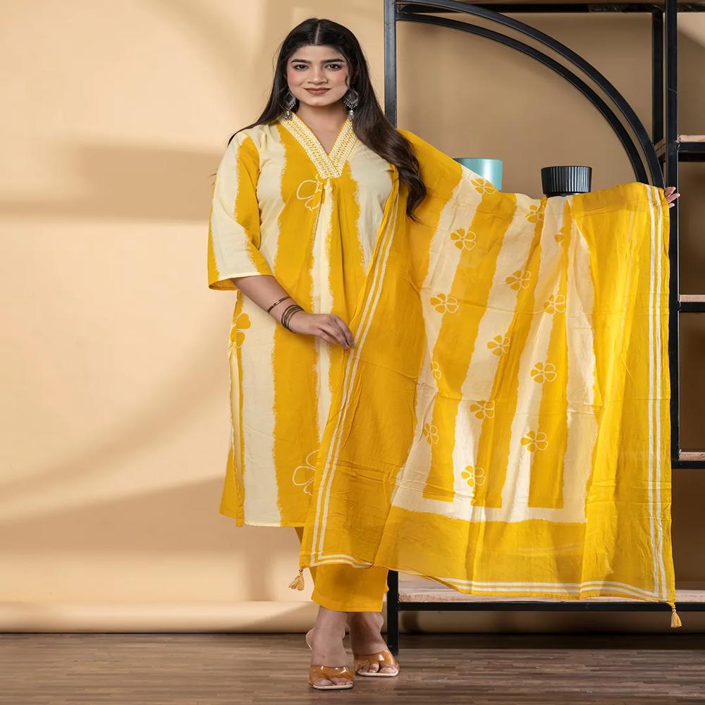 Straight Style Cotton Fabric Yellow Color Kurta And Bottom With Dupatta