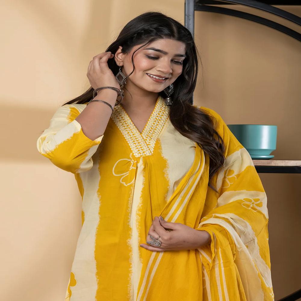 Straight Style Cotton Fabric Yellow Color Kurta And Bottom With Dupatta