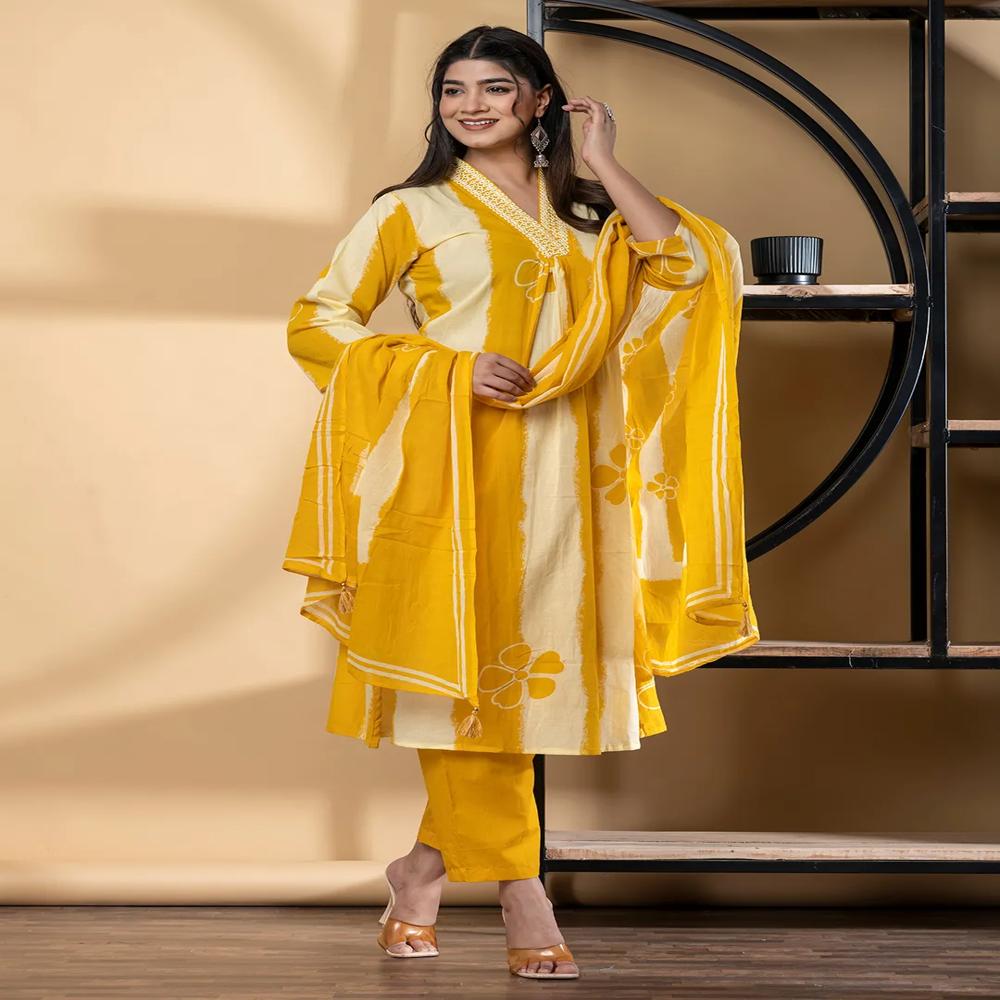Straight Style Cotton Fabric Yellow Color Kurta And Bottom With Dupatta