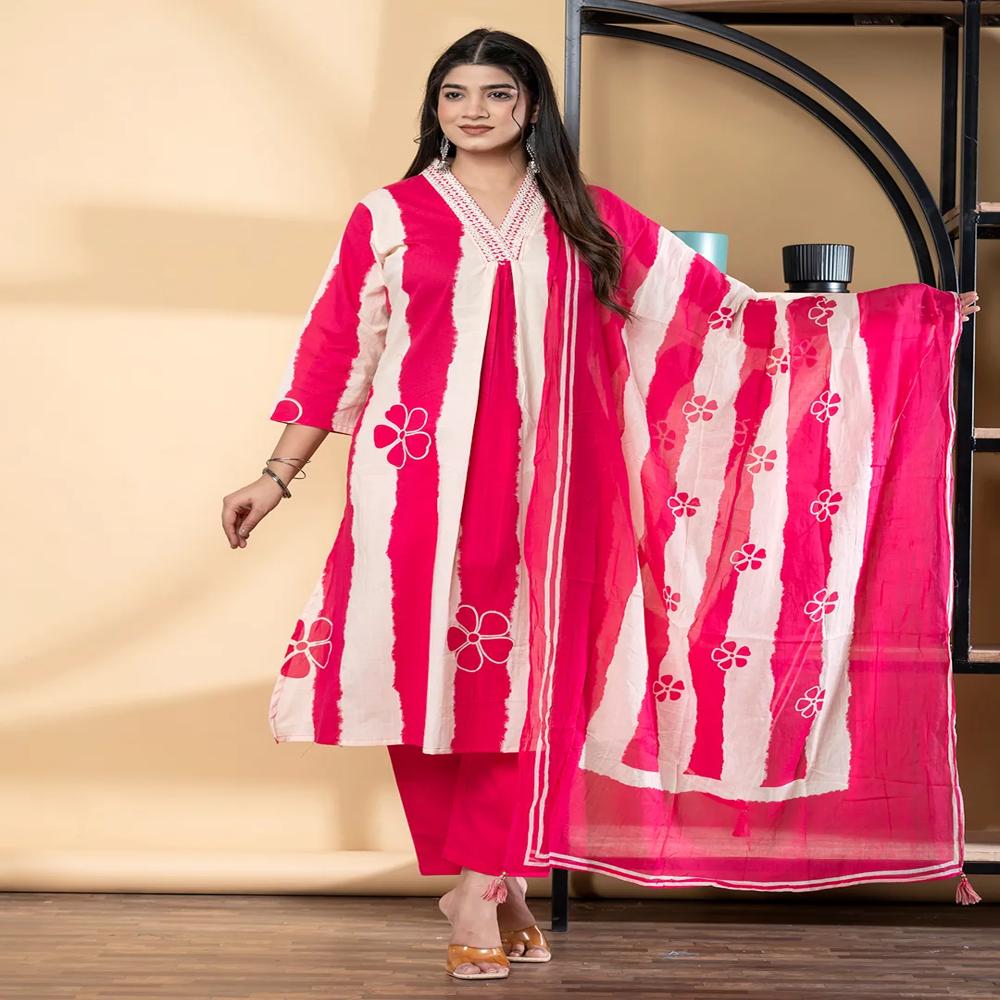 Straight Style Cotton Fabric Pink Color Kurta And Bottom With Dupatta