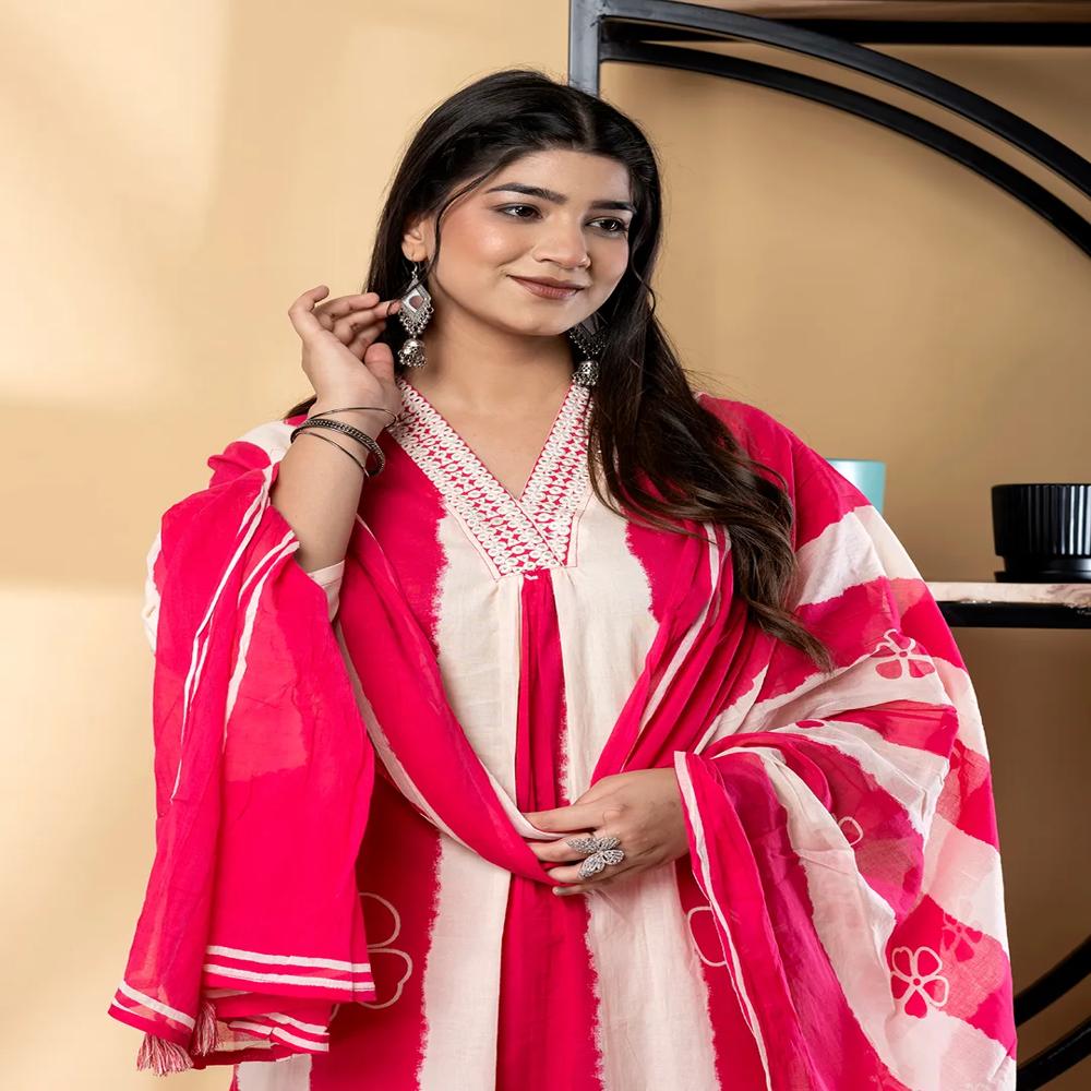 Straight Style Cotton Fabric Pink Color Kurta And Bottom With Dupatta