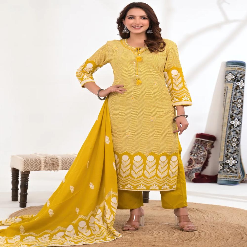 Straight Style Cotton Fabric Yellow Color Kurta And Bottom With Dupatta