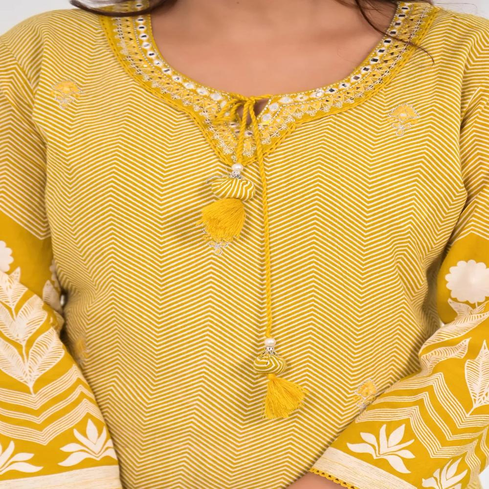 Straight Style Cotton Fabric Yellow Color Kurta And Bottom With Dupatta