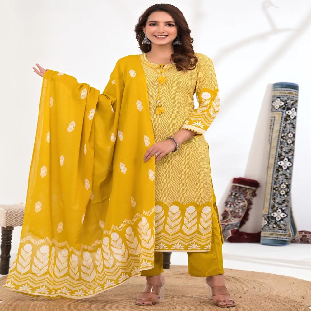 Straight Style Cotton Fabric Yellow Color Kurta And Bottom With Dupatta