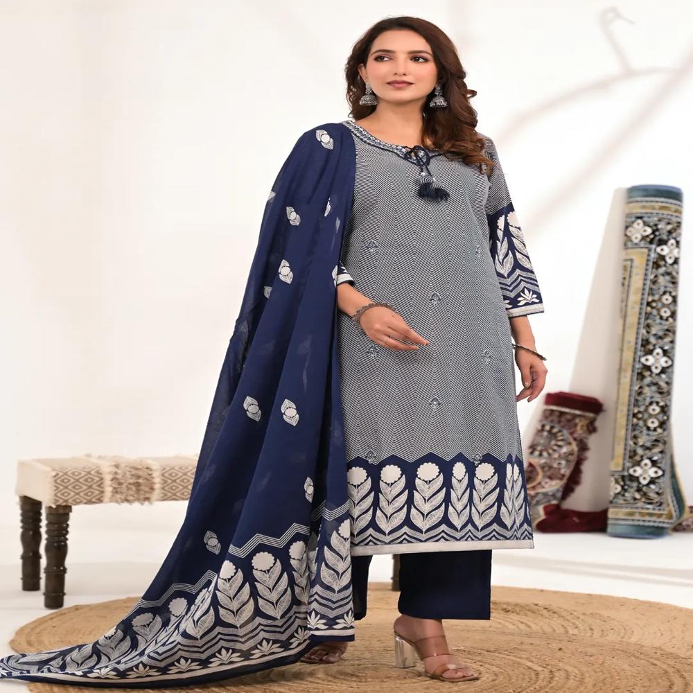 Straight Style Cotton Fabric Blue Color Kurta And Bottom With Dupatta
