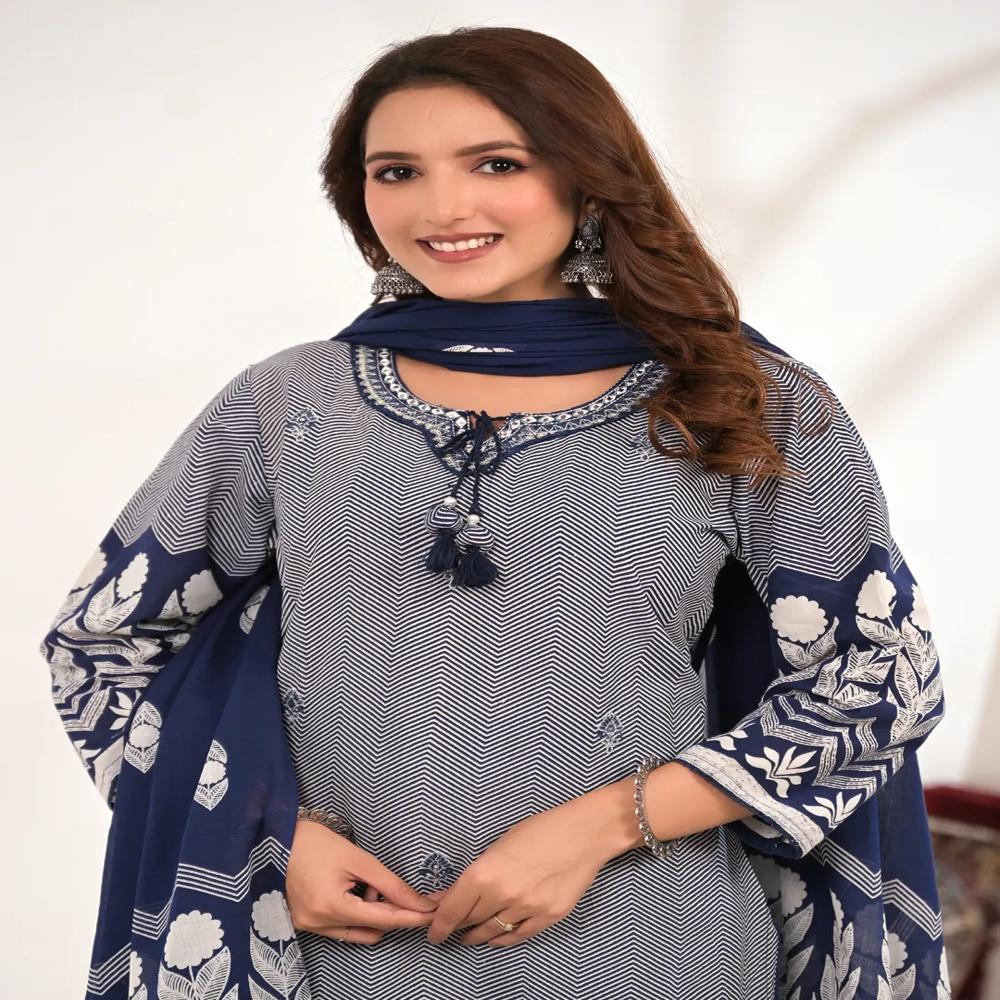 Straight Style Cotton Fabric Blue Color Kurta And Bottom With Dupatta