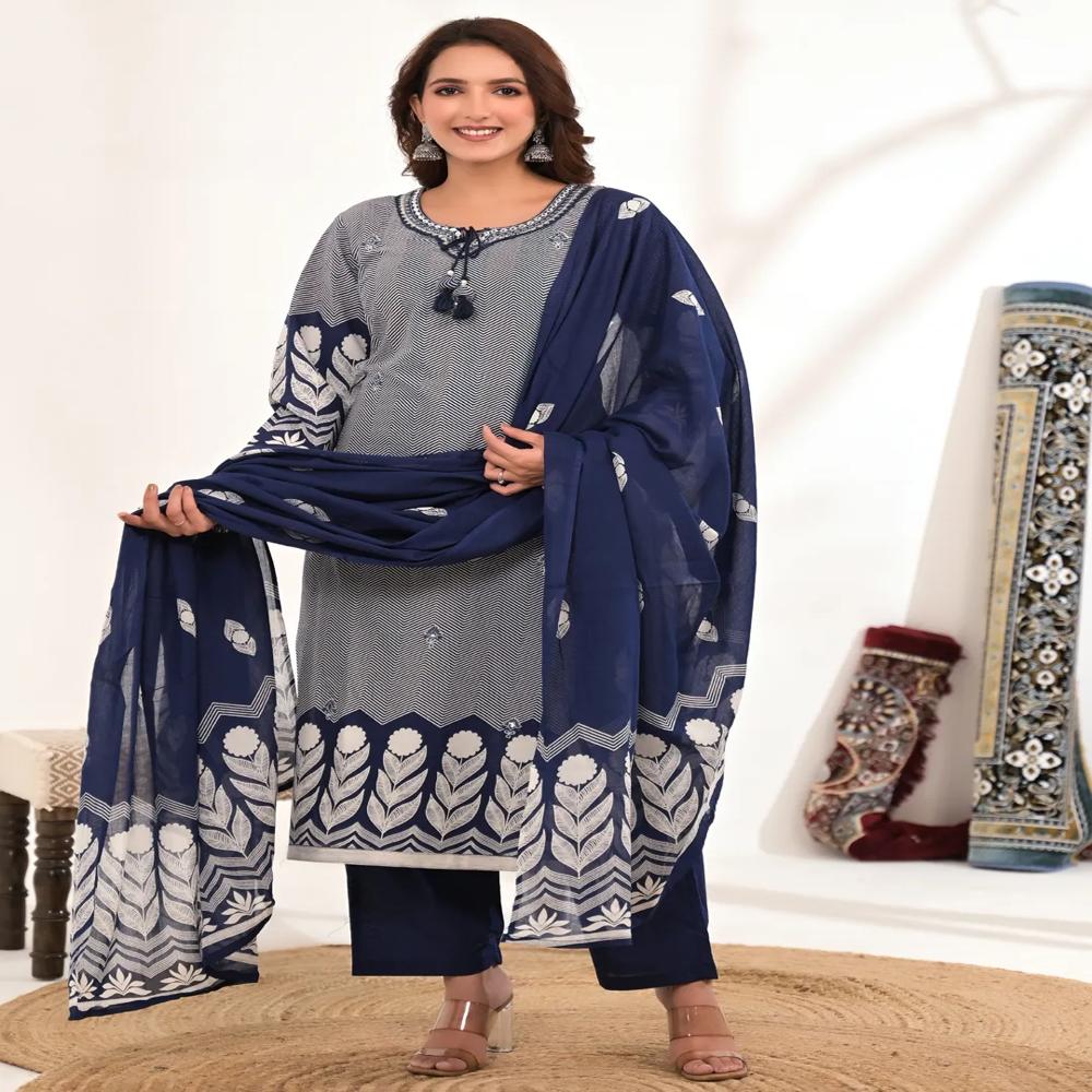 Straight Style Cotton Fabric Blue Color Kurta And Bottom With Dupatta