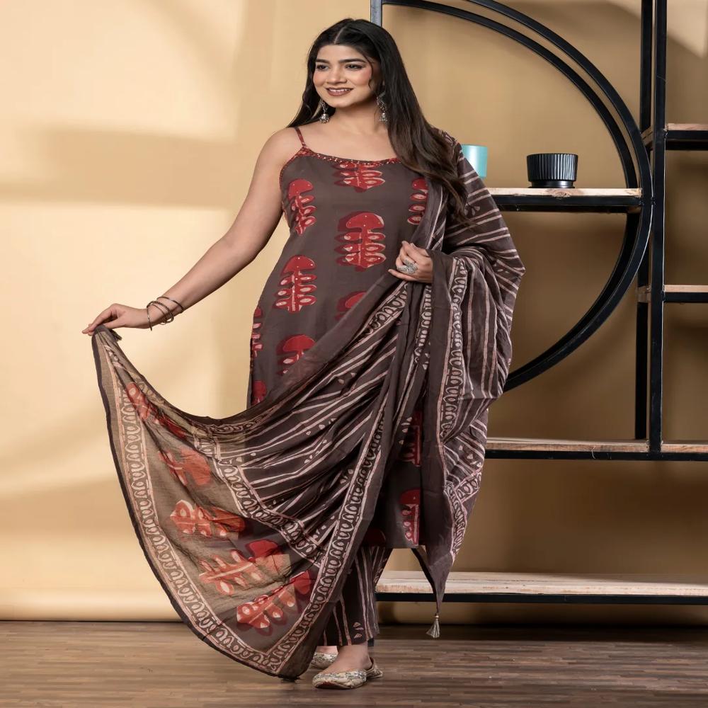 Straight Style Cotton Fabric Coffee Brown Color Kurta And Bottom With Dupatta