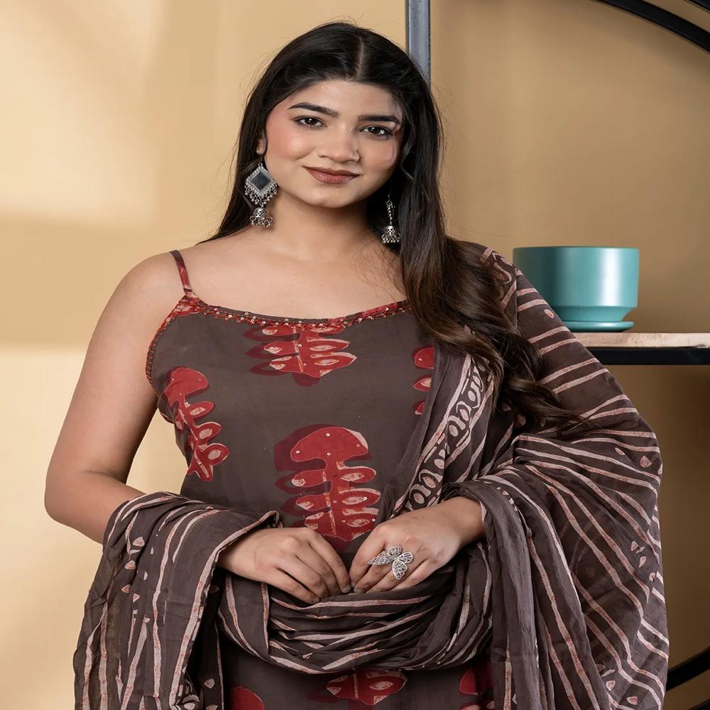 Straight Style Cotton Fabric Coffee Brown Color Kurta And Bottom With Dupatta