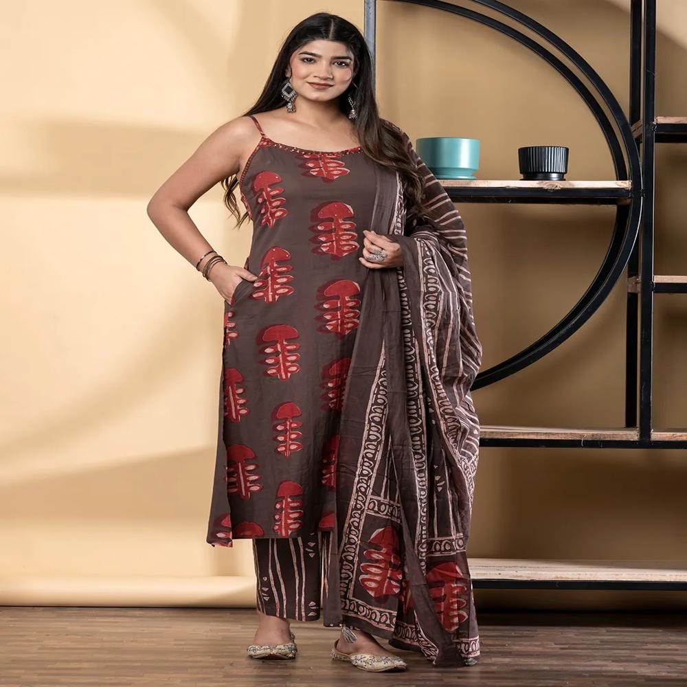 Straight Style Cotton Fabric Coffee Brown Color Kurta And Bottom With Dupatta