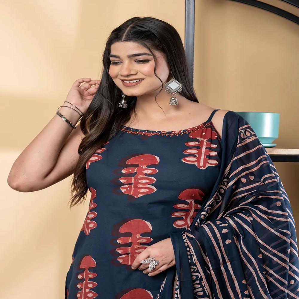 Straight Style Cotton Fabric Blue Color Kurta And Bottom With Dupatta