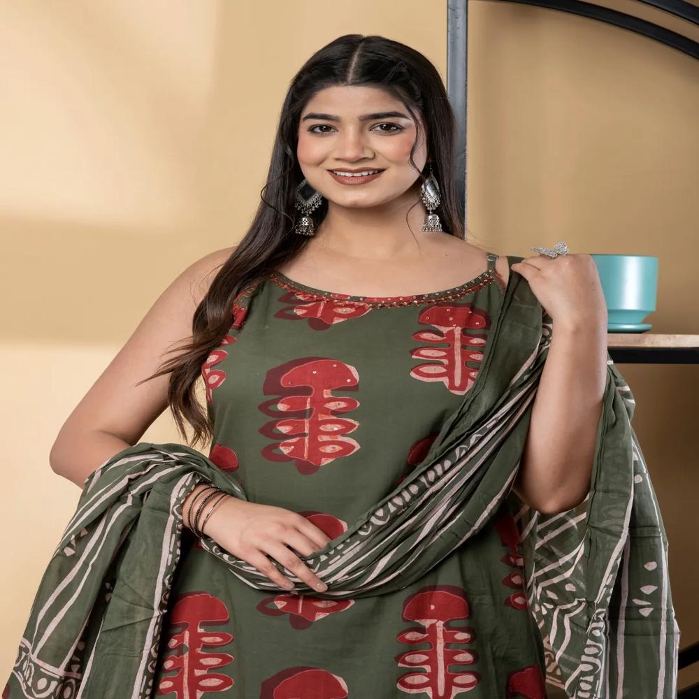 Straight Style Cotton Fabric Green Color Kurta And Bottom With Dupatta