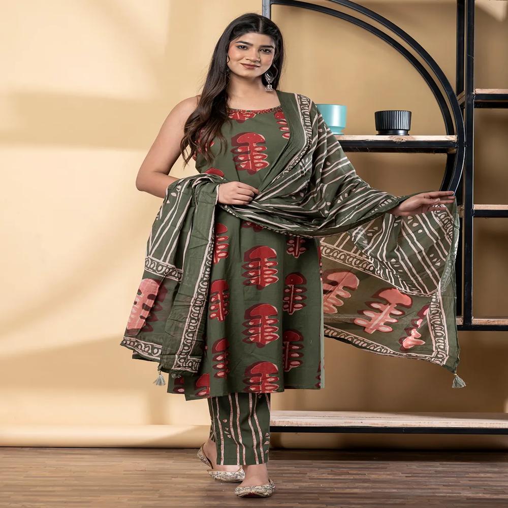 Straight Style Cotton Fabric Green Color Kurta And Bottom With Dupatta