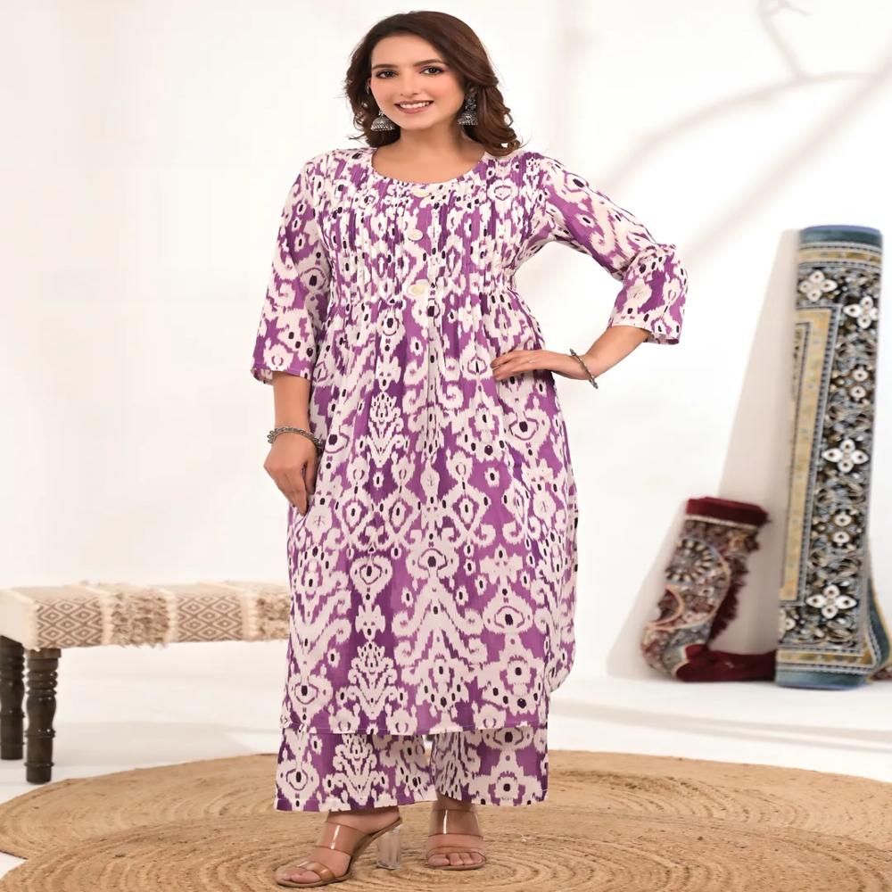 A Line Style Cotton Fabric Purple Color Kurta And Bottom