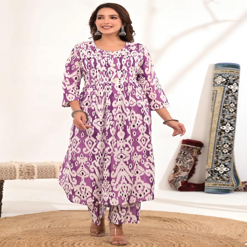 A Line Style Cotton Fabric Purple Color Kurta And Bottom