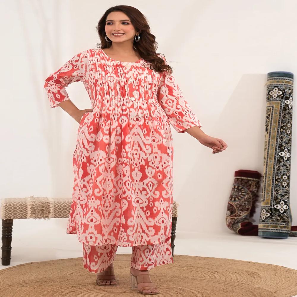 A Line Style Cotton Fabric Peach Color Kurta And Bottom