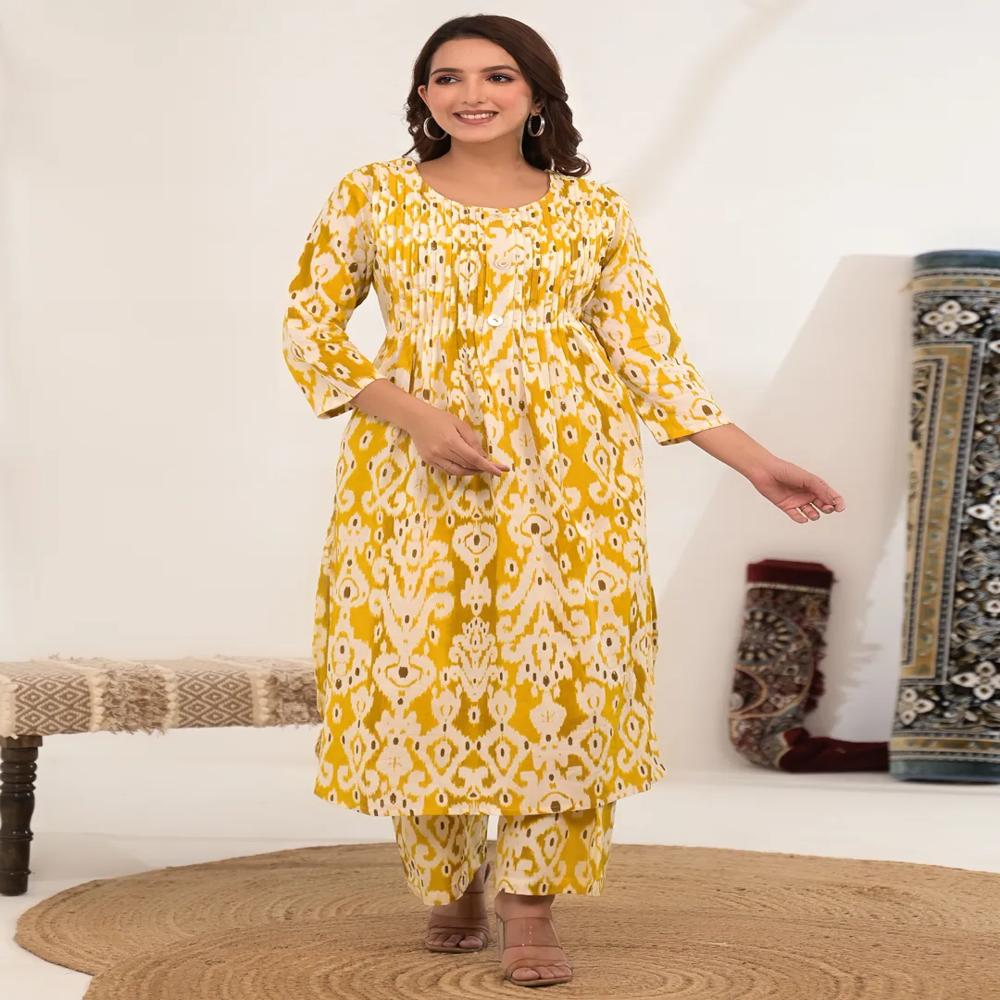 A Line Style Cotton Fabric Yellow Color Kurta And Bottom
